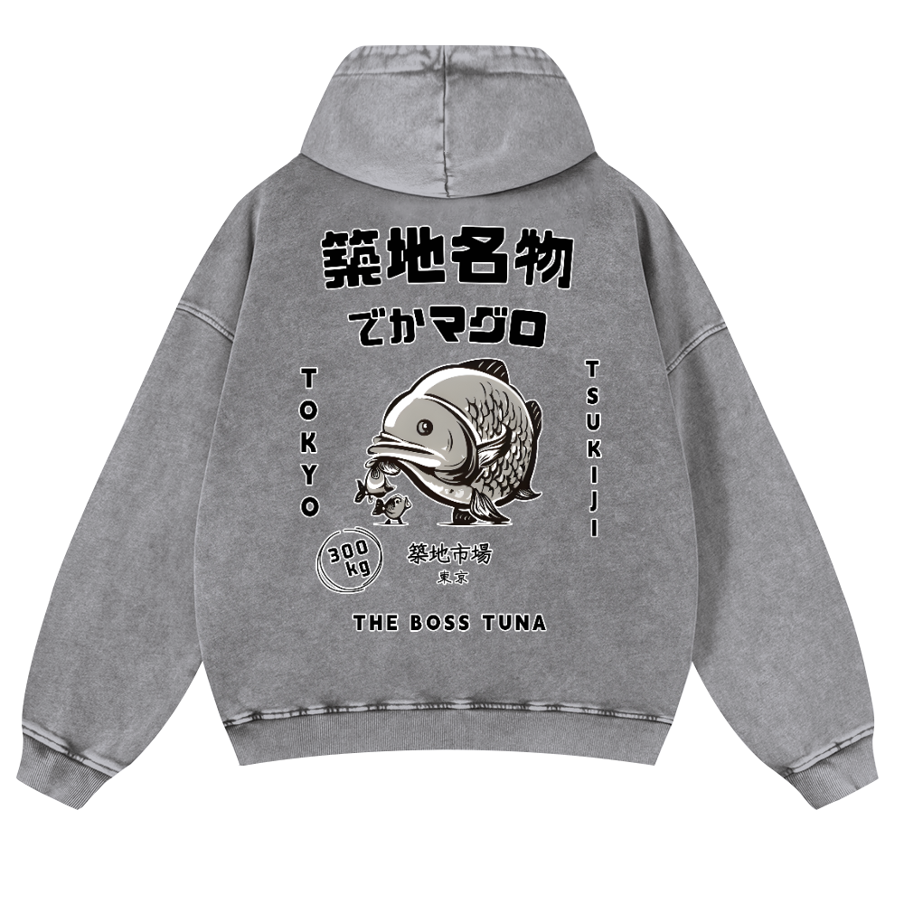 Tsukiji Market Tuna Fish Tokyo Vintage Washed Cotton Back Art Hoodie
