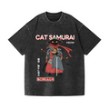 Cat Samurai Vintage Wash Japanese Design T-Shirt