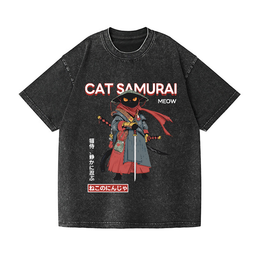 Cat Samurai Vintage Wash Japanese Design T-Shirt