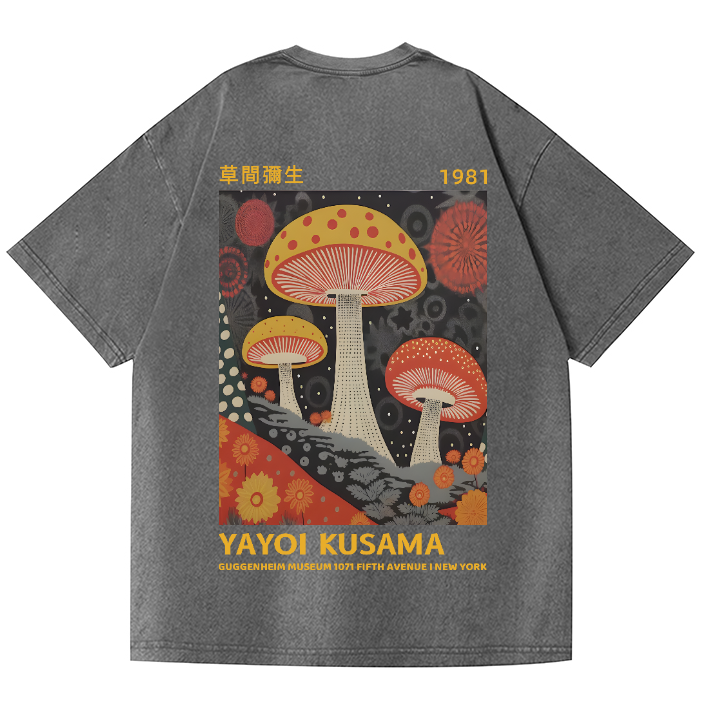 Unisex Yayoi Kusama Mushroom Vintage Wash Japanese Design Back Art T-Shirt