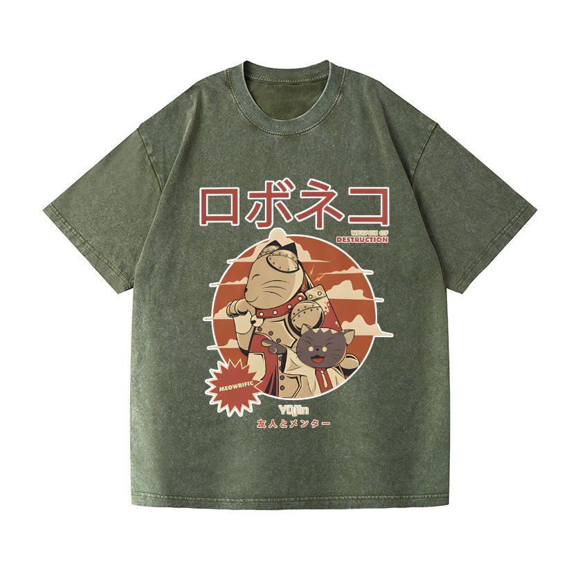 Cat Robot Vintage Wash Japanese Design T-Shirt