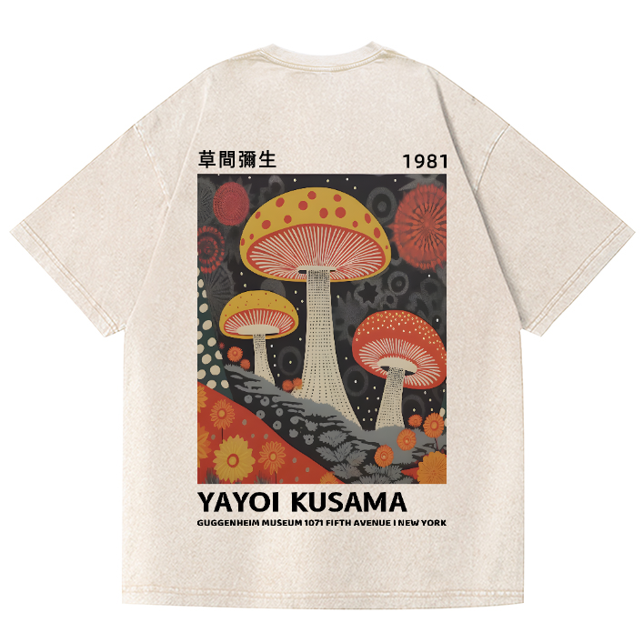 Unisex Yayoi Kusama Mushroom Vintage Wash Japanese Design Back Art T-Shirt