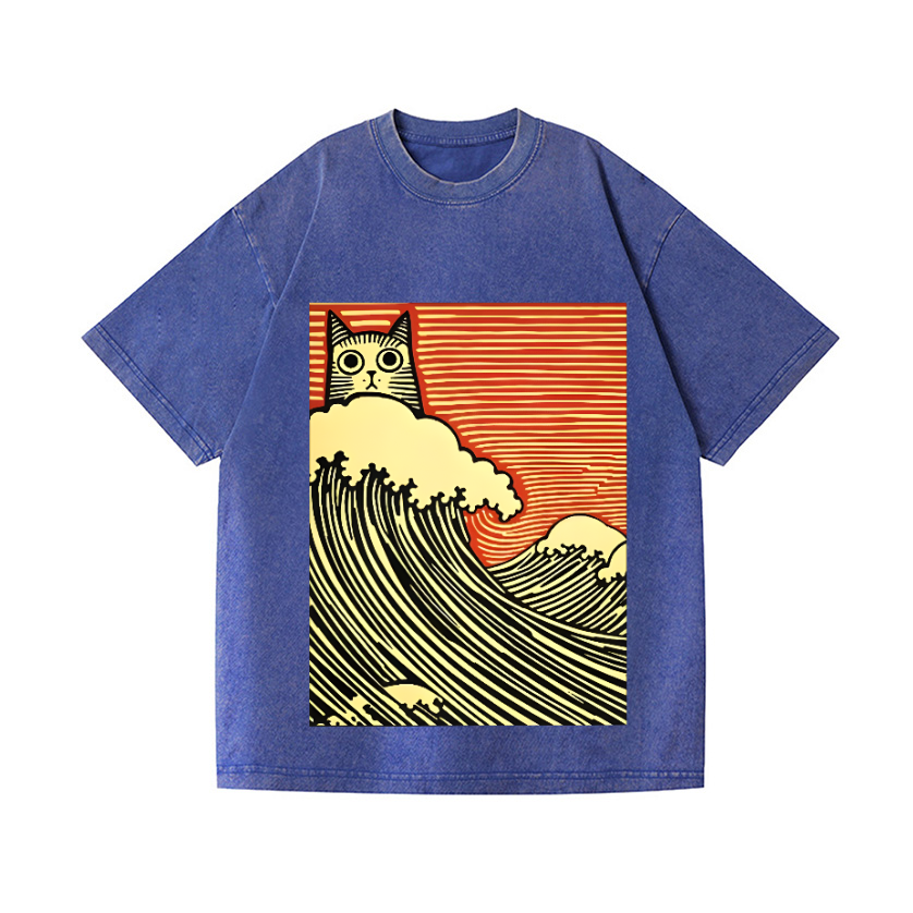 Cat Wave Vintage Wash Japanese Design T-Shirt