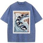 Unisex Gliding Penguin Stamp Washed T-Shirt