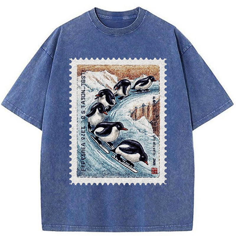 Unisex Gliding Penguin Stamp Washed T-Shirt