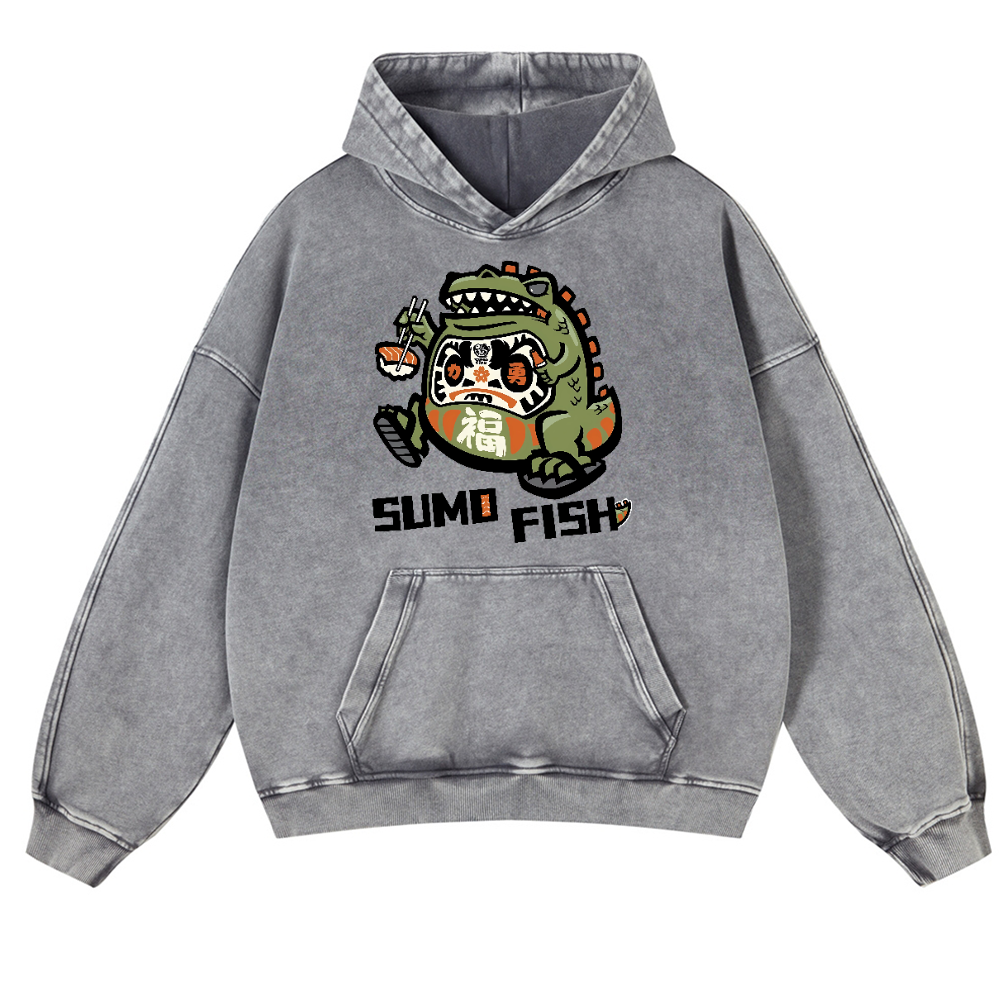 Sumo Fish Daruma Sushi Vintage Washed Thick Cotton Hoodie