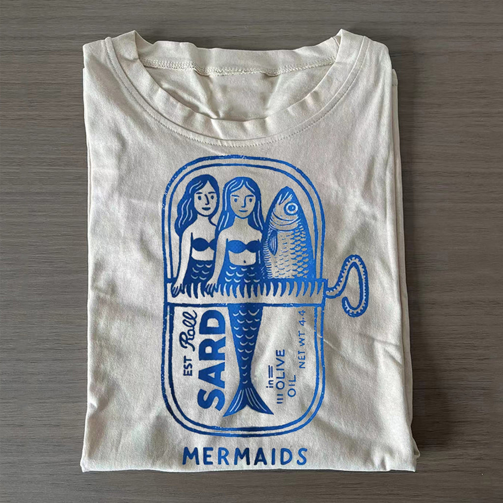 Unisex Classic Cotton Mermaid Can Printed Folded T-shirt