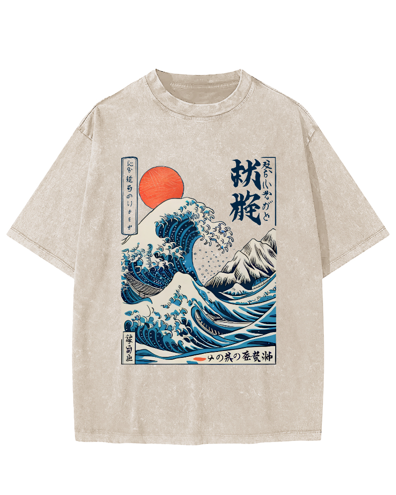 Ukiyo-e ocean Waves Vintage Washed T-shirt