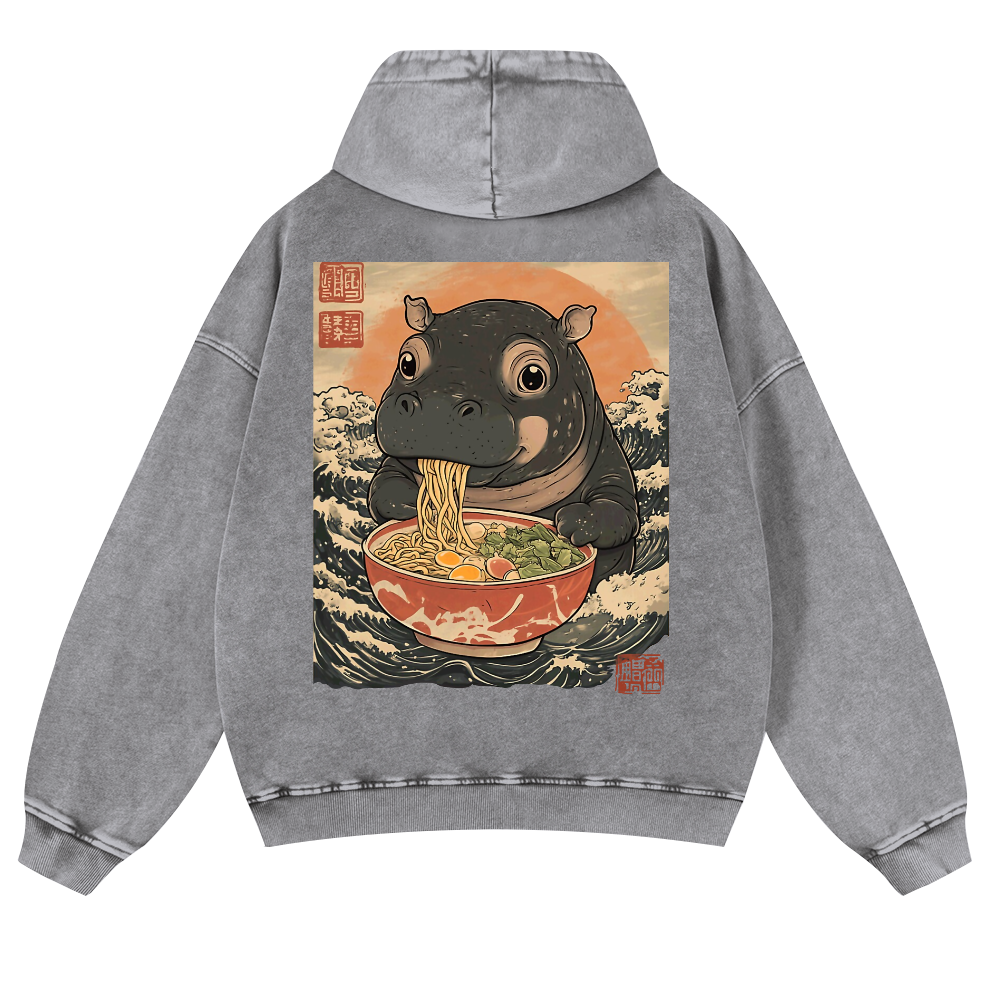 Hippo Ramen Ukiyoe Vintage Washed Cotton Back Art Hoodie
