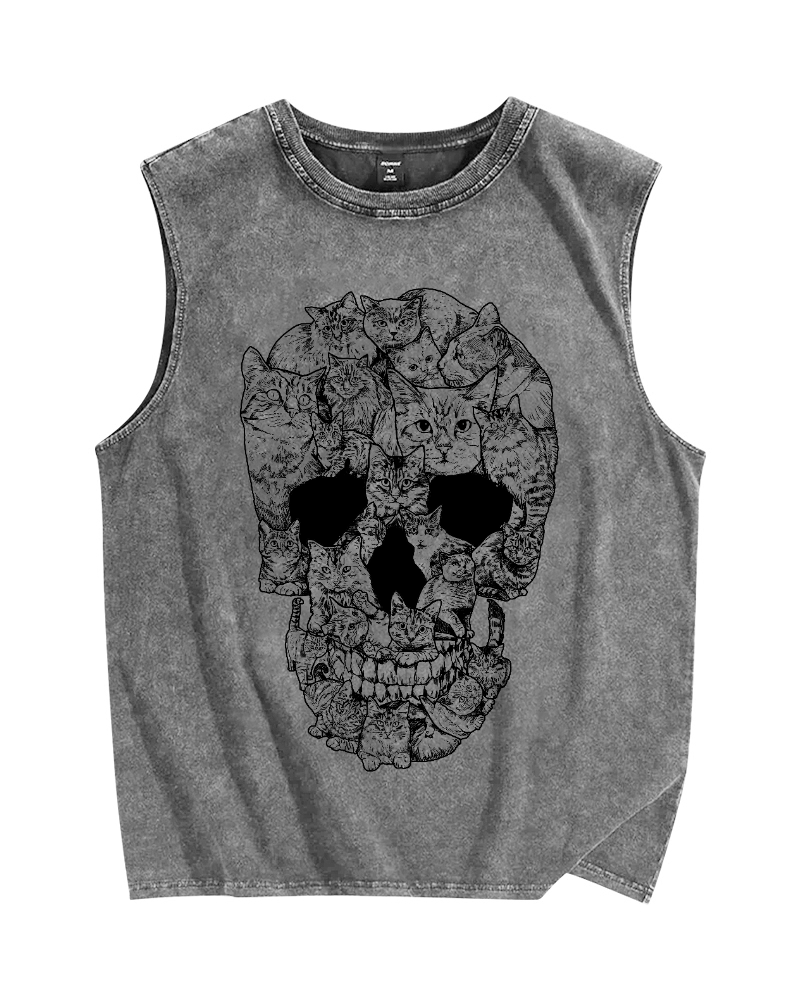 Cat & Skull Vintage Distressed Washed Tank Top