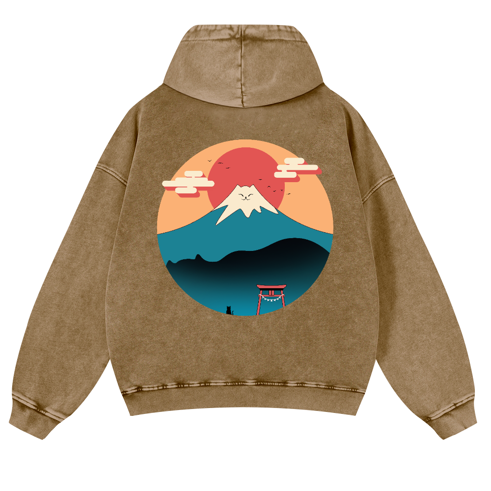 Cat Mount Fuji Vintage Washed Cotton Back Art Hoodie