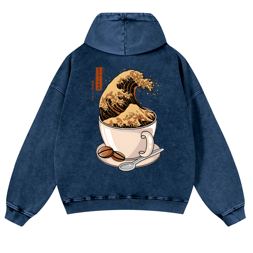 Coffee Wave Vintage Washed Cotton Back Art Hoodie