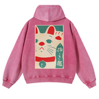 Lucky Cat Vintage Washed Cotton Back Art Hoodie