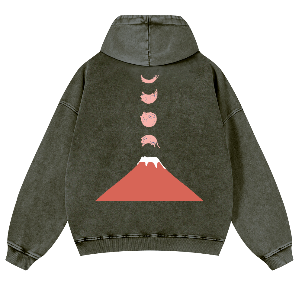 Mount Fuji Cat Moon Vintage Washed Cotton Back Art Hoodie