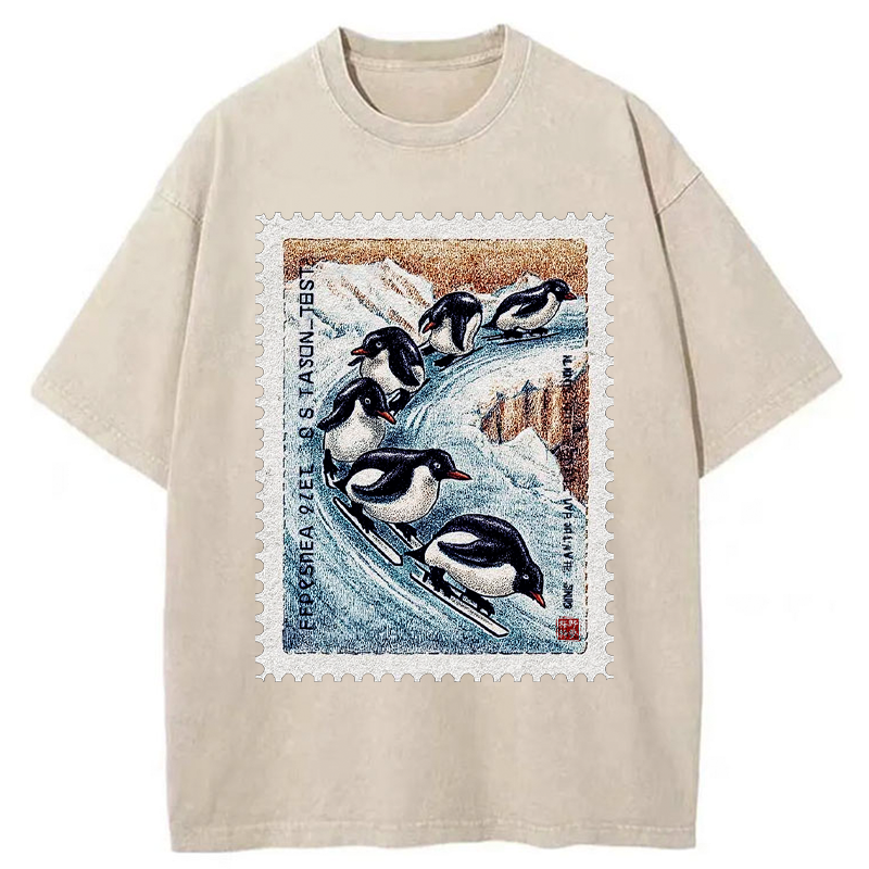 Unisex Gliding Penguin Stamp Washed T-Shirt