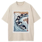 Unisex Gliding Penguin Stamp Washed T-Shirt