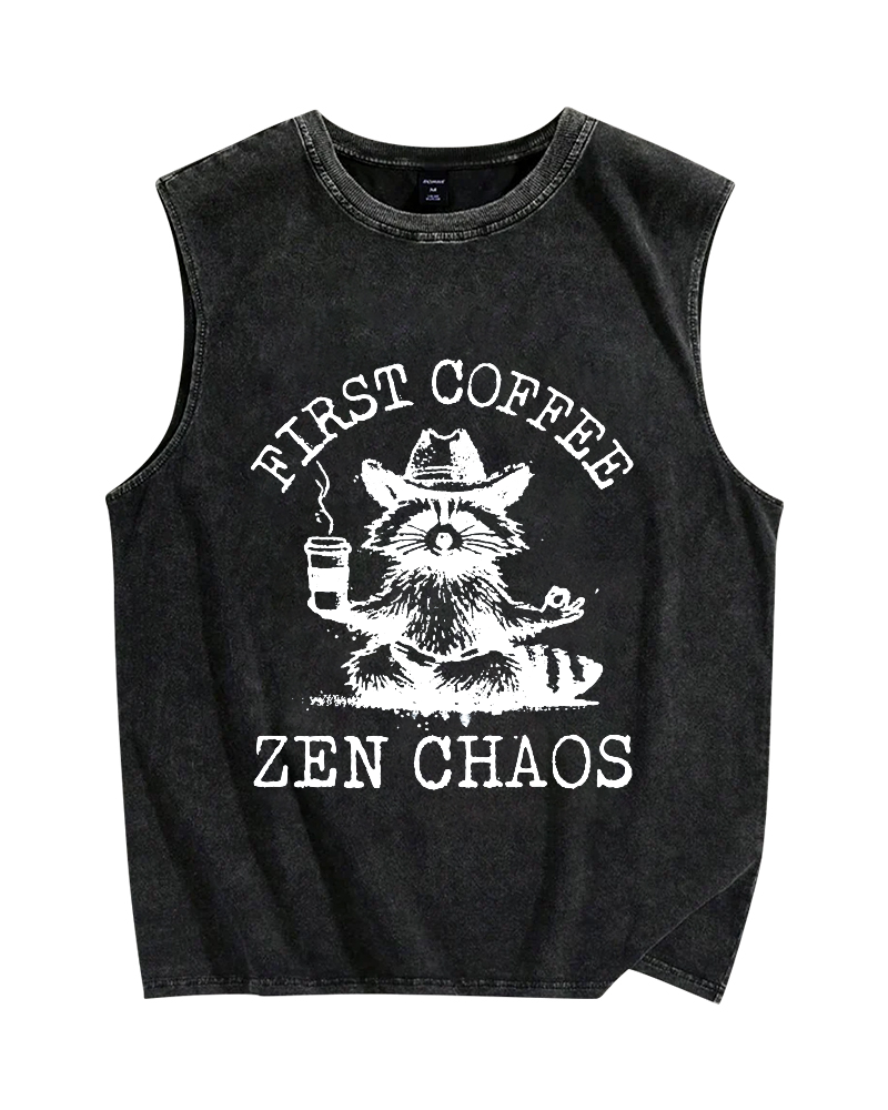 First Coffee Zen Chaos Raccoon Vintage Distressed Washed Tank Top