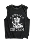 First Coffee Zen Chaos Raccoon Vintage Distressed Washed Tank Top