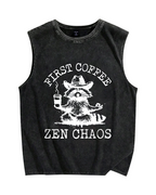 First Coffee Zen Chaos Raccoon Vintage Distressed Washed Tank Top