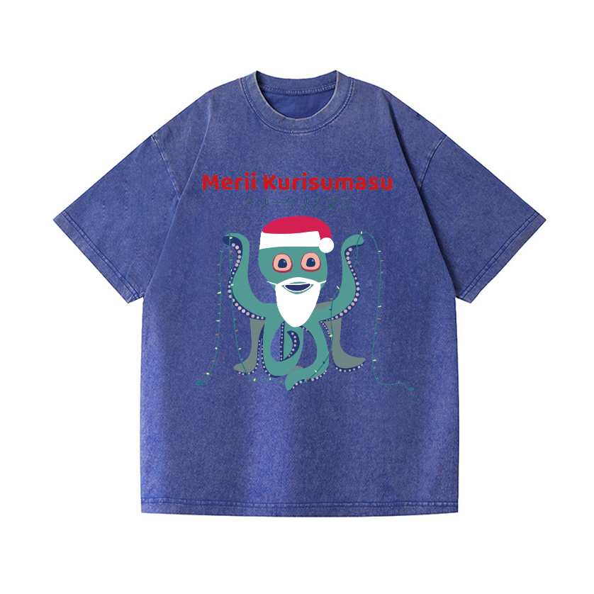 Christmas Octopus Vintage Wash Japanese Design T-Shirt