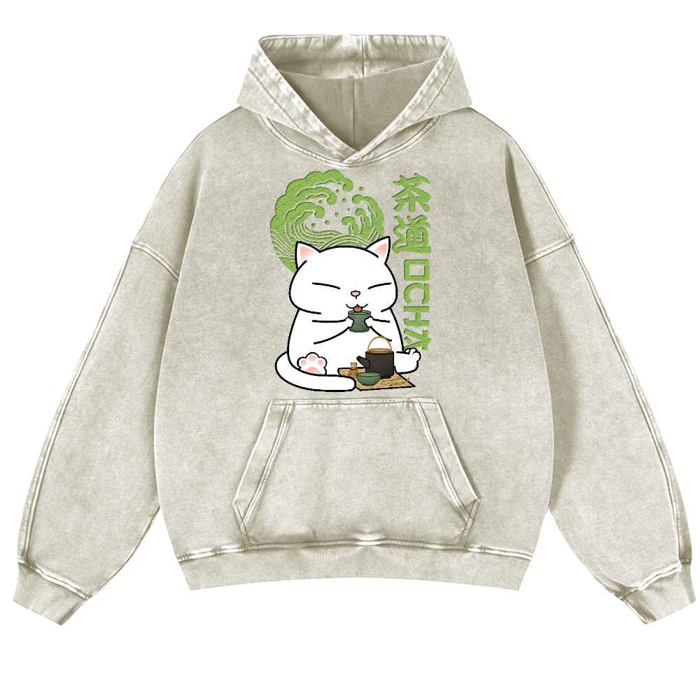 Tea Cat Vintage Washed Thick Cotton Hoodie