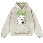 Tea Cat Vintage Washed Thick Cotton Hoodie