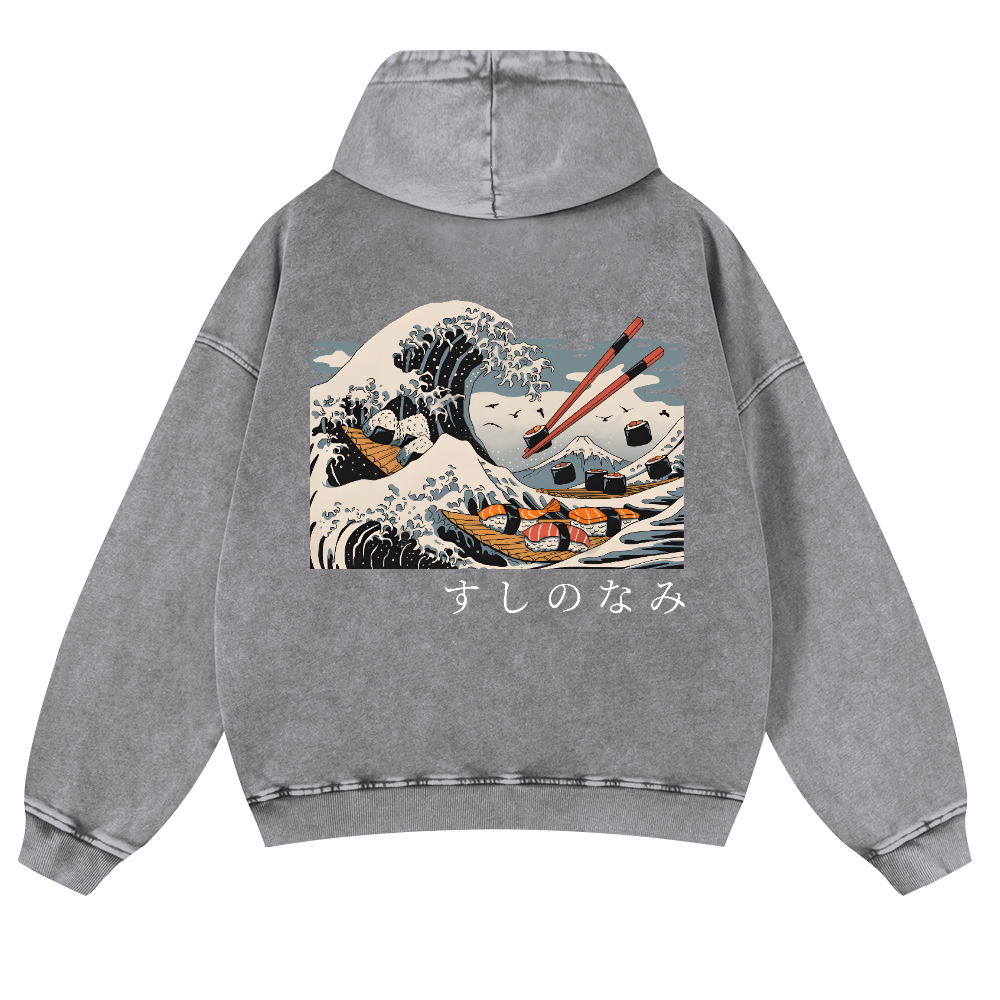Sushi Kanagawa Wave Ukiyoe Vintage Washed Cotton Back Art Hoodie