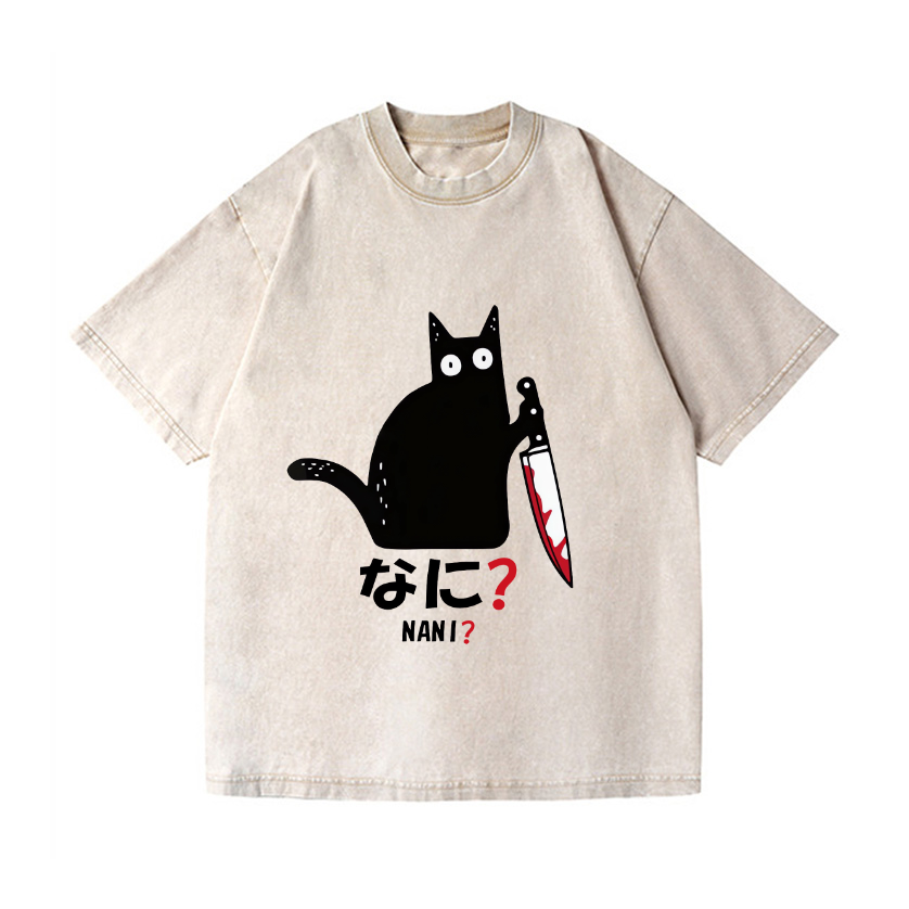 The Black Cat with a Knife Vintage Wash Japanese Design T-Shirt