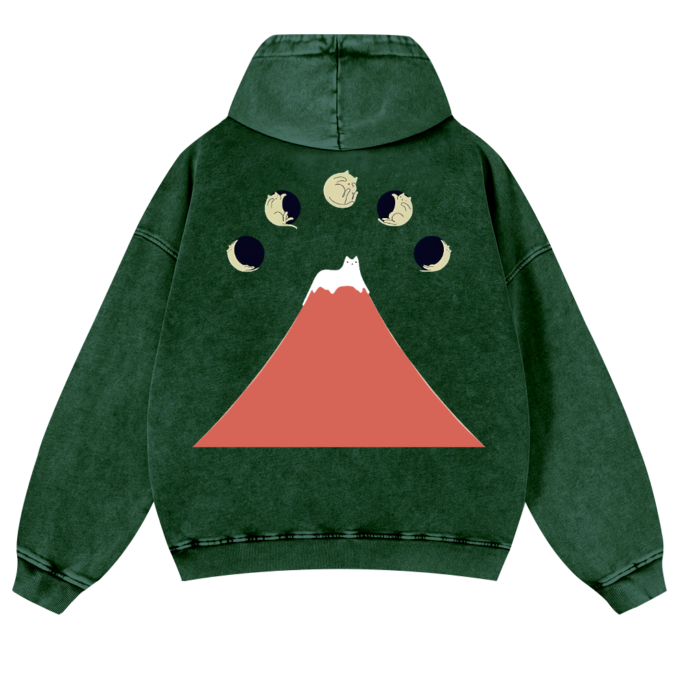 Mount Fuji Cat Moon Vintage Washed Cotton Back Art Hoodie