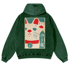 Lucky Cat Vintage Washed Cotton Back Art Hoodie