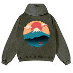 Cat Mount Fuji Vintage Washed Cotton Back Art Hoodie
