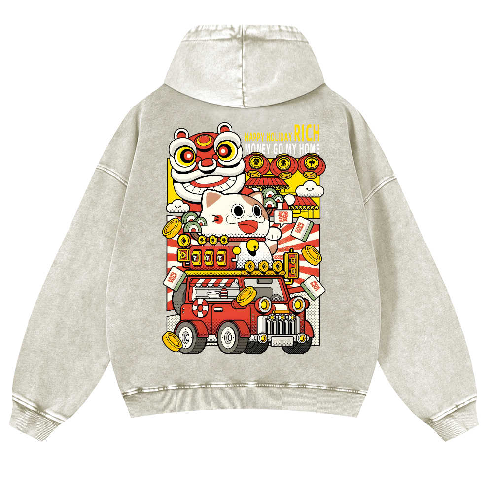 Cat Vintage Washed Cotton Back Art Hoodie
