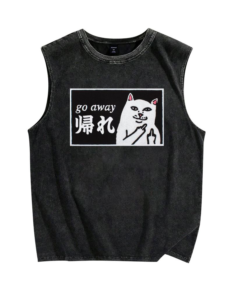 Go Away White Cat Vintage Distressed Washed Tank Top