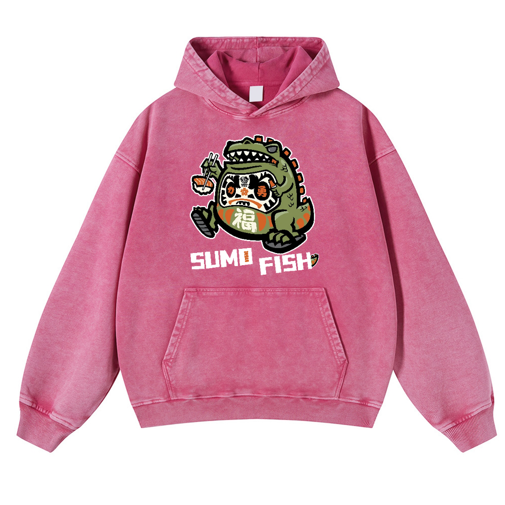 Sumo Fish Daruma Sushi Vintage Washed Thick Cotton Hoodie