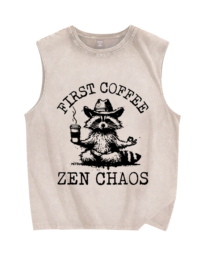 First Coffee Zen Chaos Raccoon Vintage Distressed Washed Tank Top