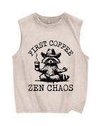 First Coffee Zen Chaos Raccoon Vintage Distressed Washed Tank Top