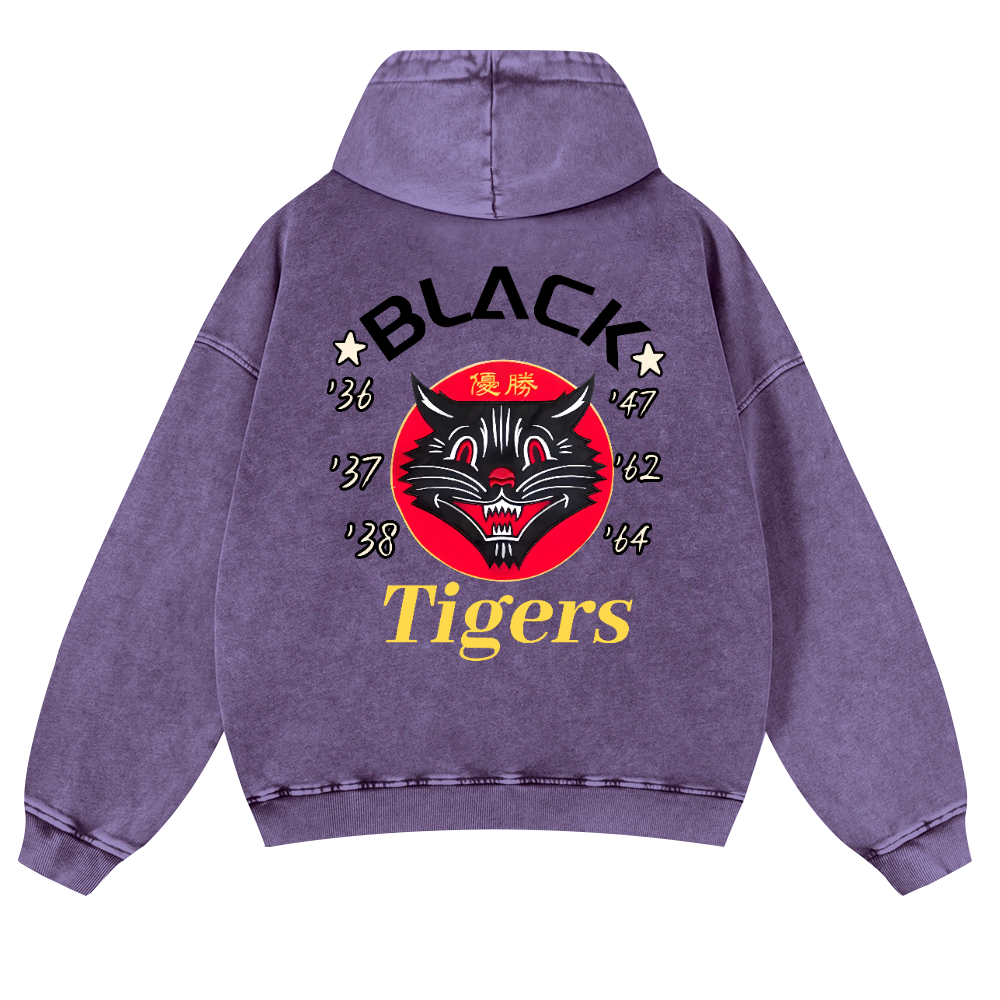 Black Cat Vintage Washed Cotton Back Art Hoodie