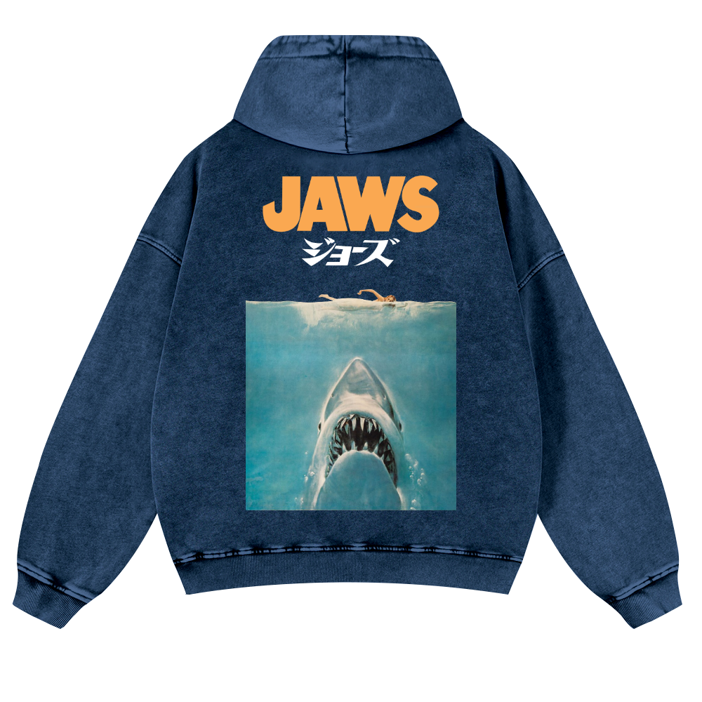 Jaws Shark Vintage Washed Cotton Back Art Hoodie