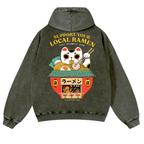 Ramen Lucky Cat Vintage Washed Cotton Back Art Hoodie