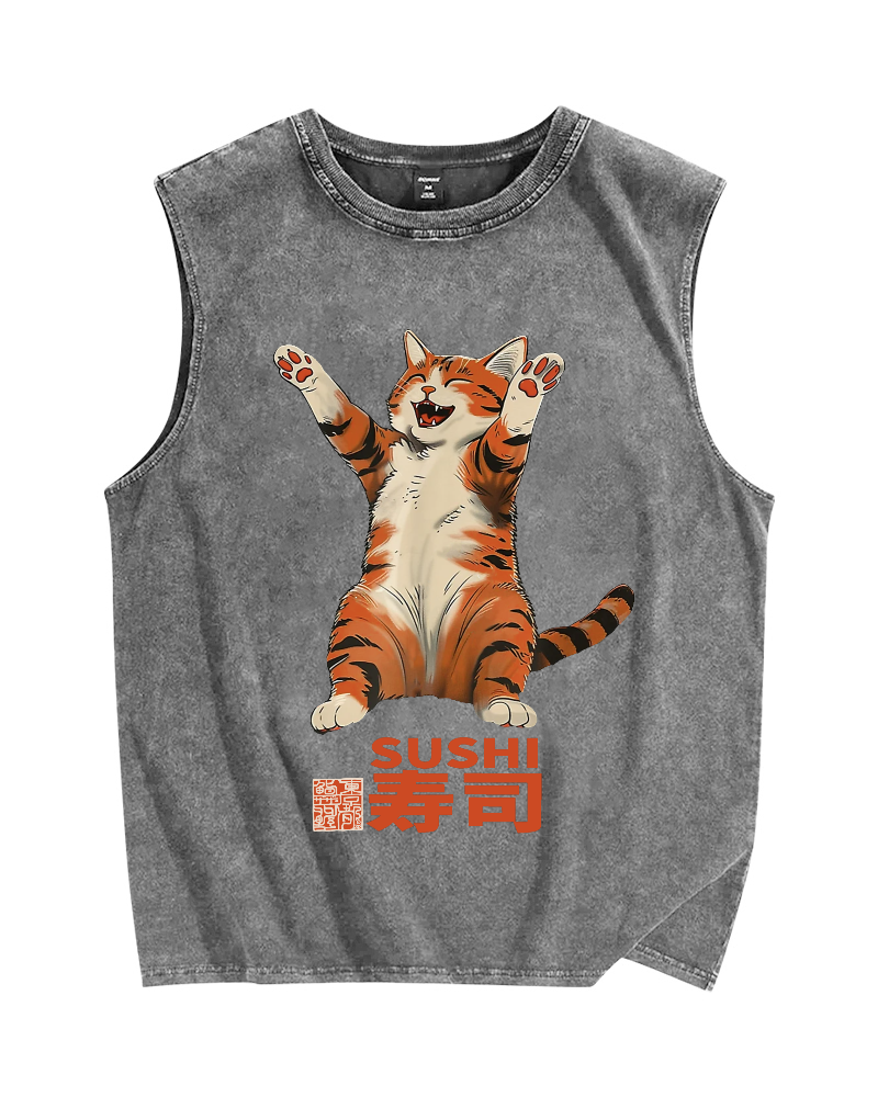 Cat Sushi Vintage Distressed Washed Tank Top