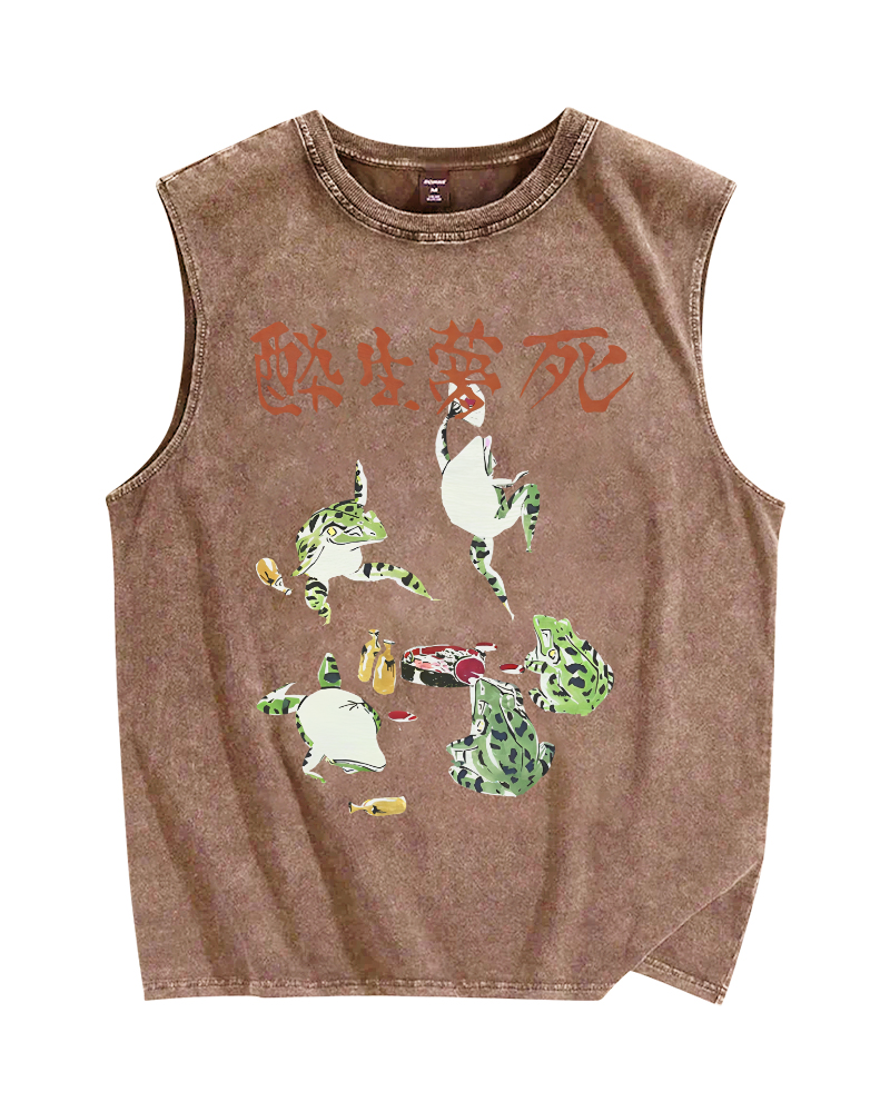 Drunk and Dreaming Frog, Japanese Style Vintage Distressed Washed Tank Top