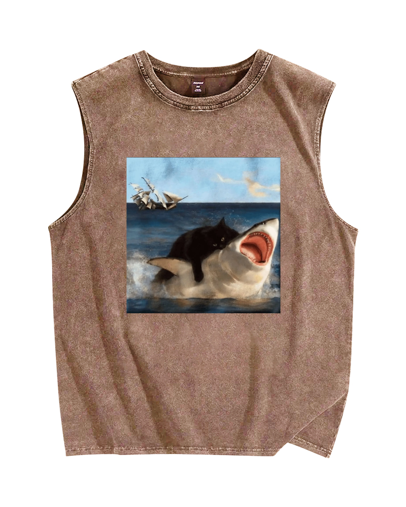Cat Biting Shark Vintage Distressed Washed Tank Top