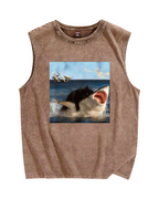 Cat Biting Shark Vintage Distressed Washed Tank Top