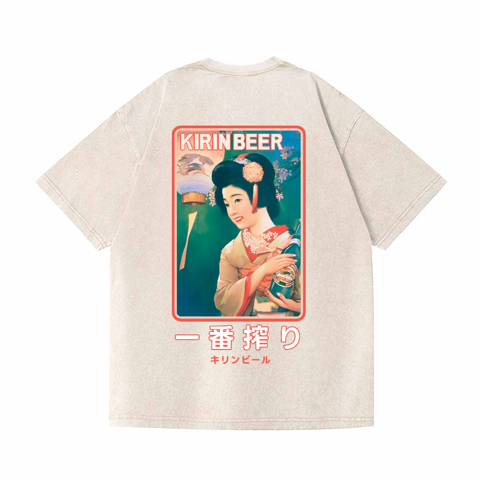 Kirin Beer Vintage Wash Japanese Design Back Art T-Shirt