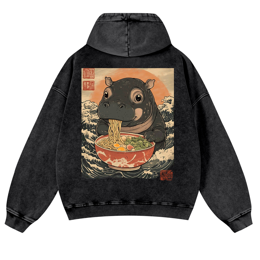 Hippo Ramen Ukiyoe Vintage Washed Cotton Back Art Hoodie