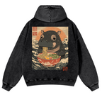 Hippo Ramen Ukiyoe Vintage Washed Cotton Back Art Hoodie