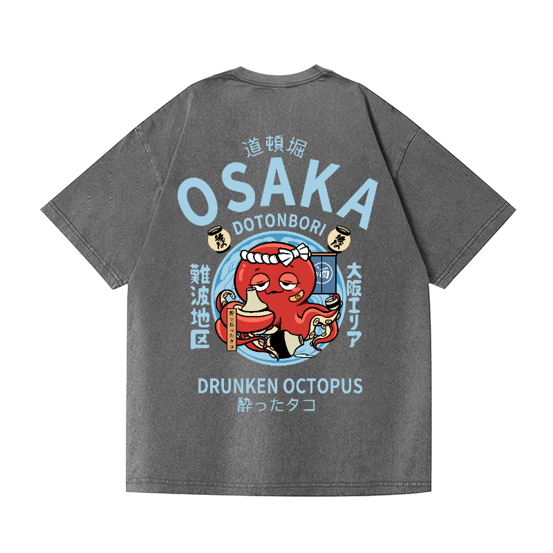Osaka Dotonbori Drunken Octopus Vintage Wash Japanese Design Back Art T-Shirt