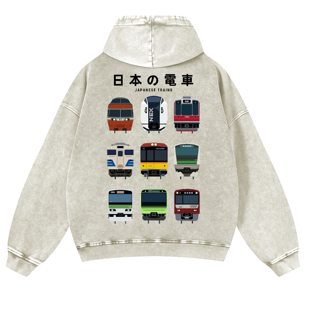Japanese Trains Vintage Washed Cotton Back Art Hoodie
