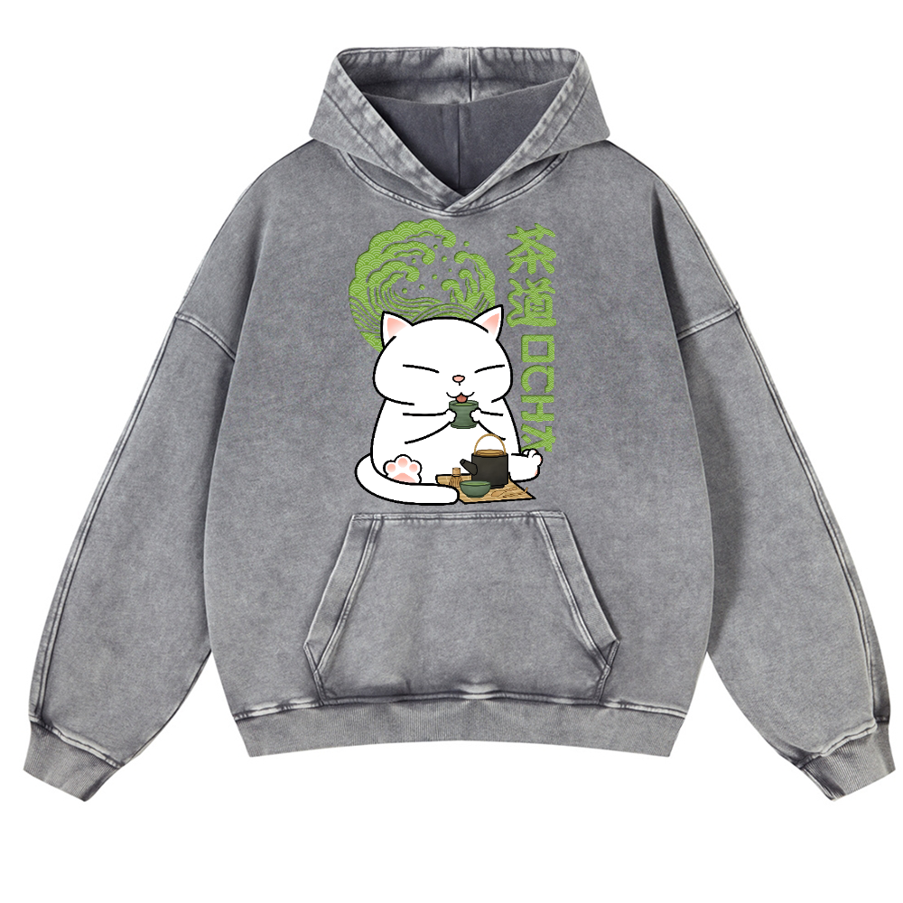 Tea Cat Vintage Washed Thick Cotton Hoodie