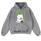 Tea Cat Vintage Washed Thick Cotton Hoodie